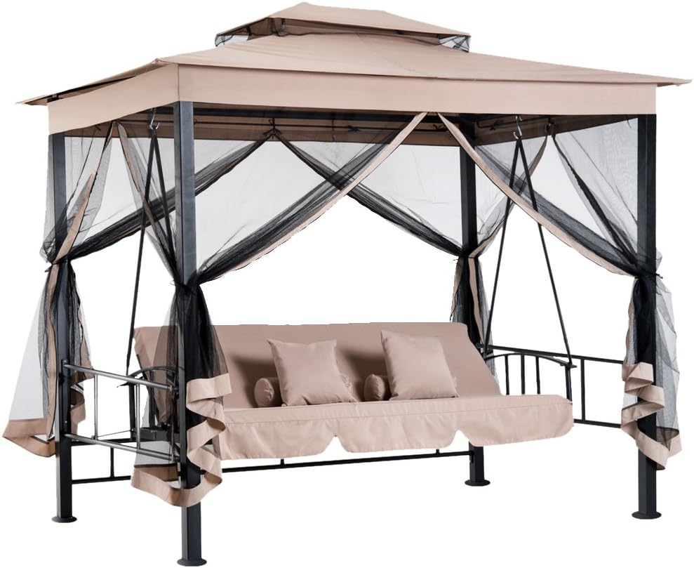 Image of Gazebo Parasole da Giardino con Dondolo Letto e Zanzariere 3 posti, Modello Extra-Lusso Cleopatra, Amaca Altalena Trasformabile in Letto Matrimoniale, Colore Beige