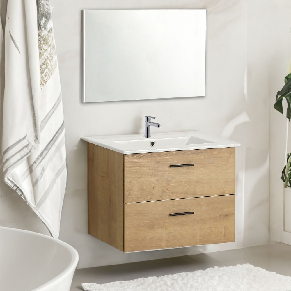 Mobile bagno sospeso Lario con lavabo e specchio rovere 80x46x48 H cm