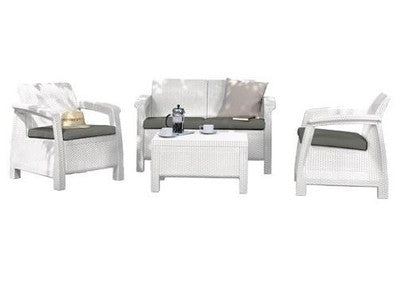 SET SALOTTINO RATTAN CORFU' KETER BIANCO TAVOLO+2SEDIE+DIVANO ARREDO GIARDINO
