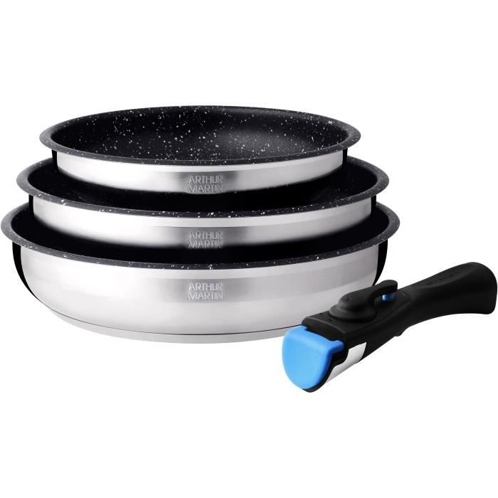 Image of Set 3 padelle - Arthur Martin - AM2196 - 20-24-26 cm - Acciaio inox - Manico smontabile - Tutti i piani cottura, compresa l'induzione