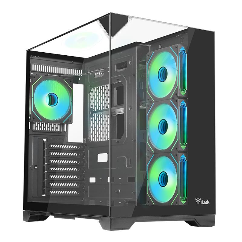 Case Itek DARK CAVE PANO - Gaming Tower, ATX, 4x12cm ARGB fan, 2xUSB3, Type-C, Temp Glass Top, Side & Front Panel - Nero