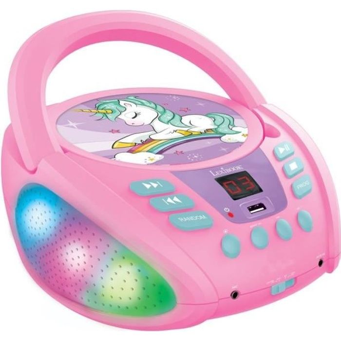 Image of Lettore CD portatile Bluetooth Unicorn con effetti di luce e USB
