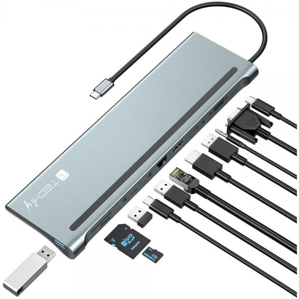 Docking Station 12 in 1 USB-C Hub VGA HDMI DP RJ45 con Lettore Micro SD/SD
