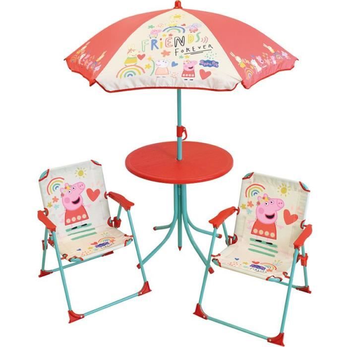 Image of FUN HOUSE Peppa Pig Mobili da giardino - 1 tavolo H.46x46cm, 2 sedie H.53xL.38.5xP.37.5 cm e 1 ombrellone H.125 x 100 cm - Per bambini