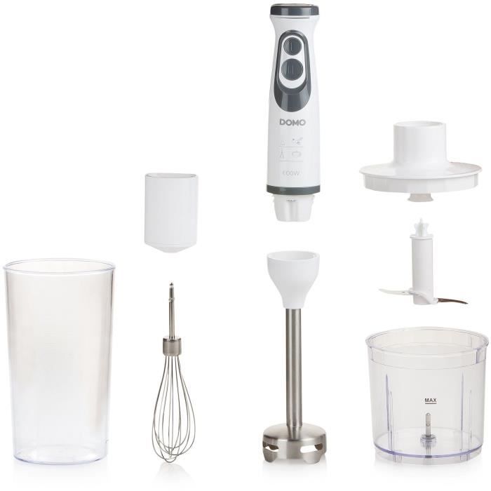 Image of Set frullatore - DOMO - DO1089M - 600 W - Velocità variabile + Turbo - Frullatore a immersione, frusta, tritatutto, bicchiere graduato - Bianco