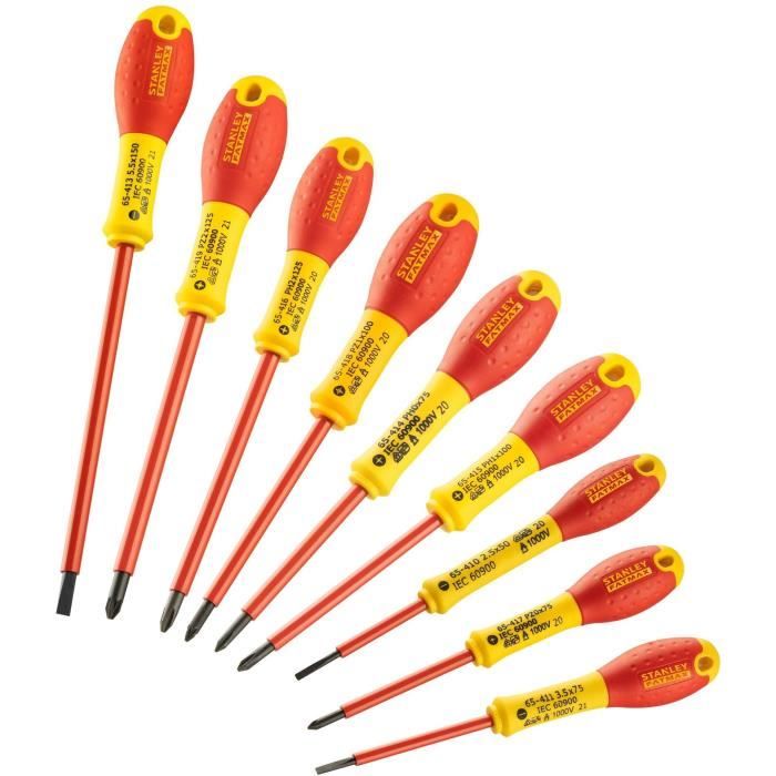 Set di 10 cacciaviti - STANLEY FATMAX - FMHT62573-0 - Isolati 1000V - Elettricista + Phillips + Pozidriv + Tester