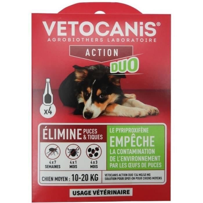 Pipette - VETOCANIS - x4 Pipette Duo Anti-pulci e zecche 134mg/40mg per Cani di Taglia Media