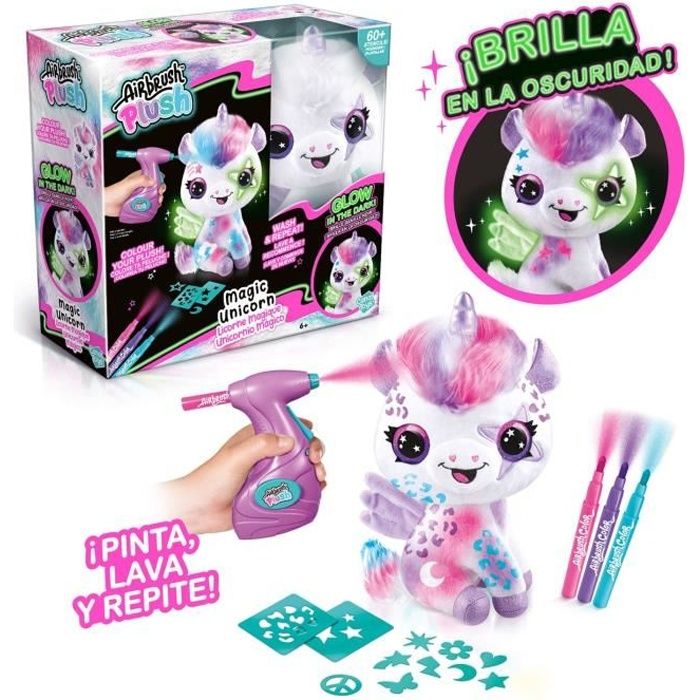 Image of Peluche unicorno aerografo che si illumina al buio da personalizzare - Peluche Spray Art con punte in feltro e stencil - OFG 274 - Canal Toys