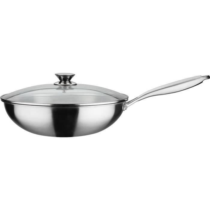 Image of GSW Wok pro con coperchio - 32 cm - Fondo a 3 strati - Manico rivettato - Acciaio inossidabile - Tutte le fonti di calore inclusa l'induzione