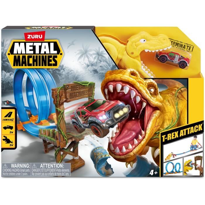 Image of Circuito Auto - ZURU - T-Rex Attack Metal Machine - Veicolo da lanciare per sconfiggere il dinosauro con i loop