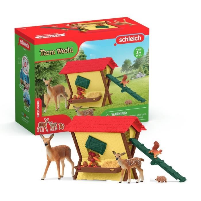 Image of Capanna degli animali della foresta, cassapanca Schleich con capanna, 1 cerva, 1 cerbiatto, 1 scoiattolo, 1 riccio, per bambini dai 3 anni - schle