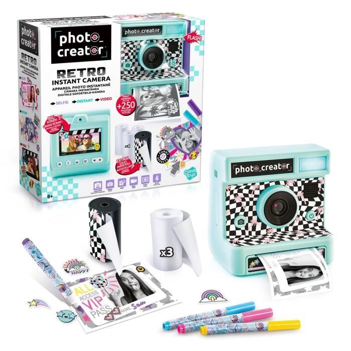 Image of Canal Toys - Fotocamera con stampa istantanea retrò - 4 rotoli di carta di cui 1 adesivo, pennarelli e adesivi - CLK 019