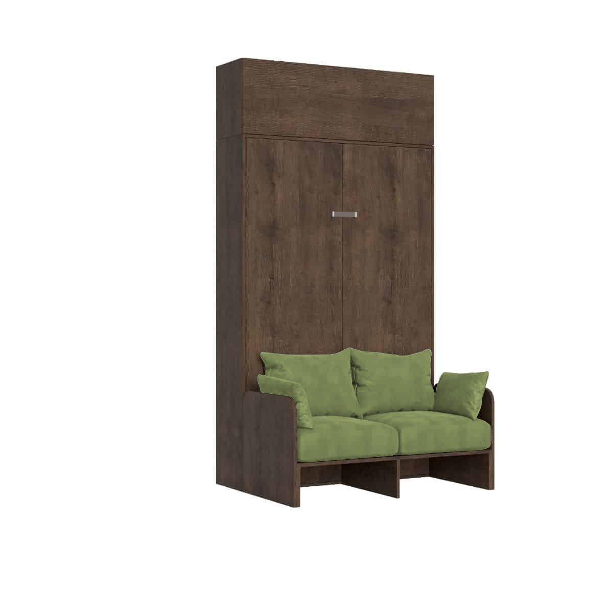 Letto una piazza e mezzo a scomparsa 120 con divano e pensile - KENTARO Colore Divano: Verde, Colore Struttura: Noce, Materasso: Senza Materasso