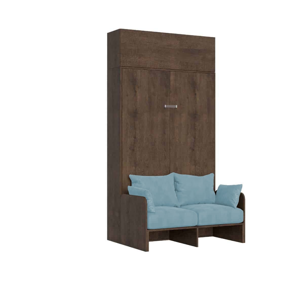 Letto una piazza e mezzo a scomparsa 120 con divano e pensile - KENTARO Colore Divano: Azzurro, Colore Struttura: Noce, Materasso: Senza Materasso