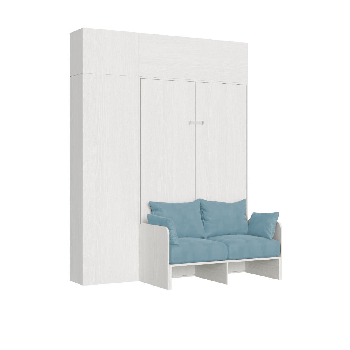 Letto matrimoniale francese a scomparsa 140 con divano e mobili - KENTARO Colore Divano: Azzurro, Colore Struttura: Bianco Frassino, Materasso: Senza Materasso