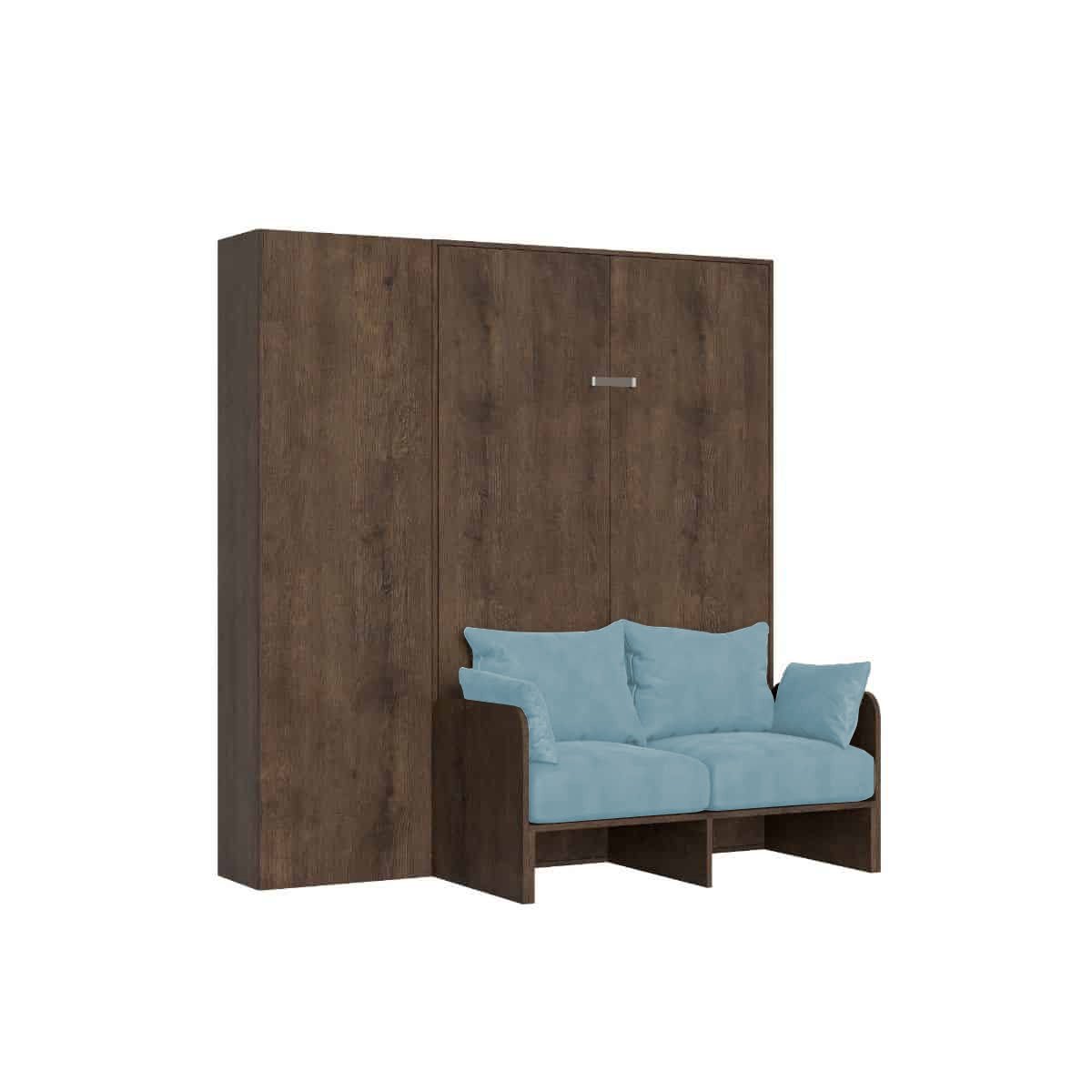 Letto matrimoniale francese a scomparsa 140 con divano e colonna - KENTARO Colore Divano: Azzurro, Materasso: Senza Materasso, Colore Struttura: Noce