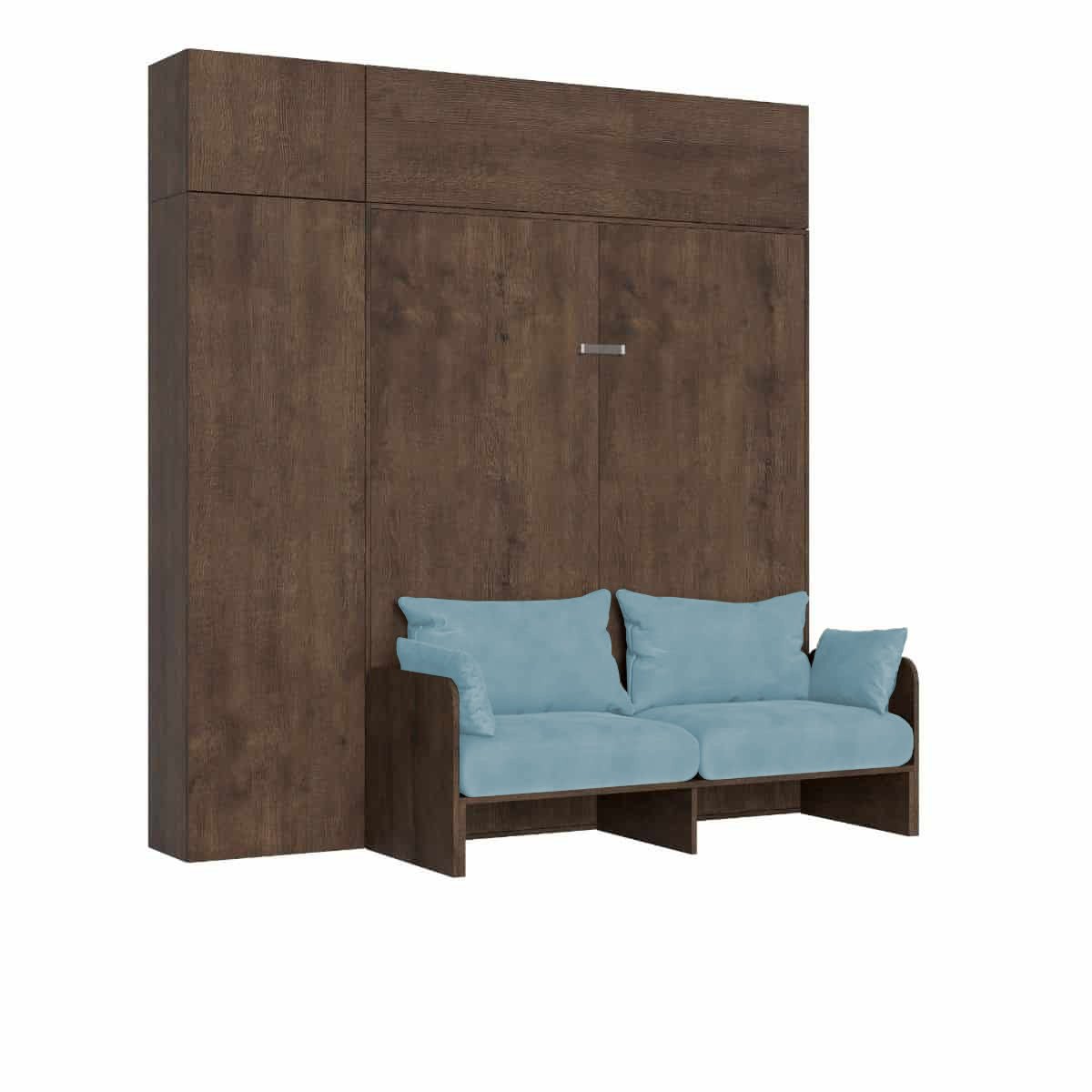 Letto matrimoniale a scomparsa 160 con divano e mobili - KENTARO Colore Struttura: Noce, Materasso: Senza Materasso, Colore Divano: Azzurro