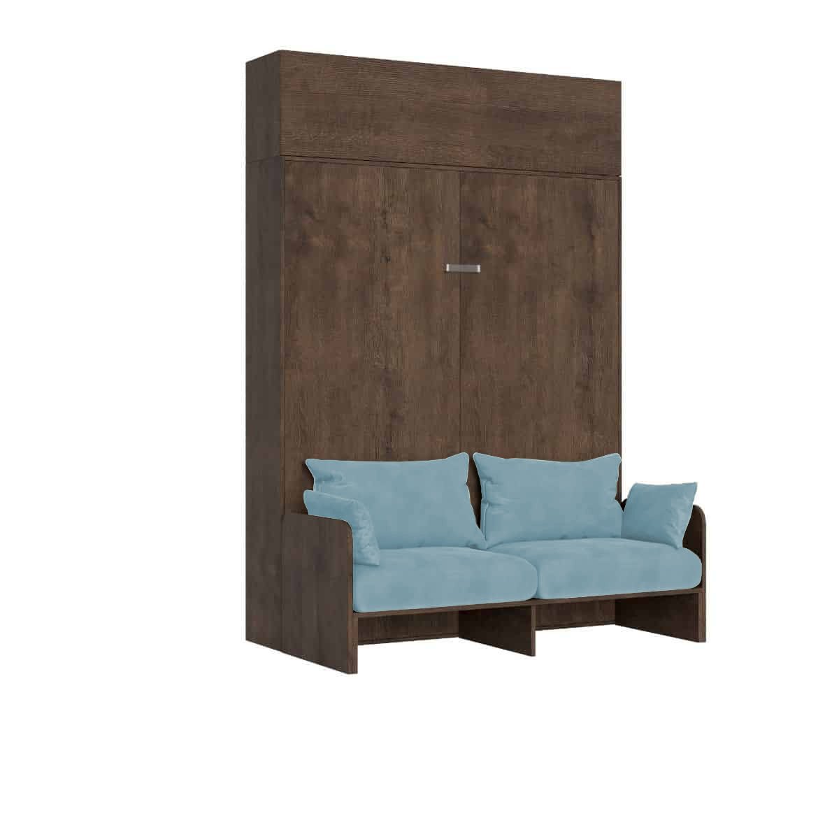 Letto matrimoniale a scomparsa 160 con divano e pensile - KENTARO Colore Divano: Azzurro, Materasso: Senza Materasso, Colore Struttura: Noce