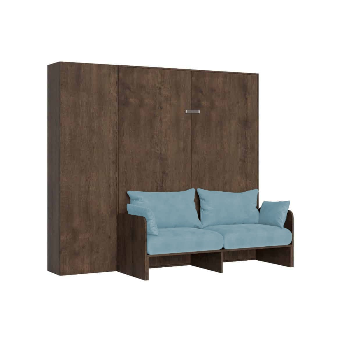 Letto matrimoniale a scomparsa 160 con divano e colonna - KENTARO Colore Struttura: Noce, Materasso: Senza Materasso, Colore Divano: Azzurro