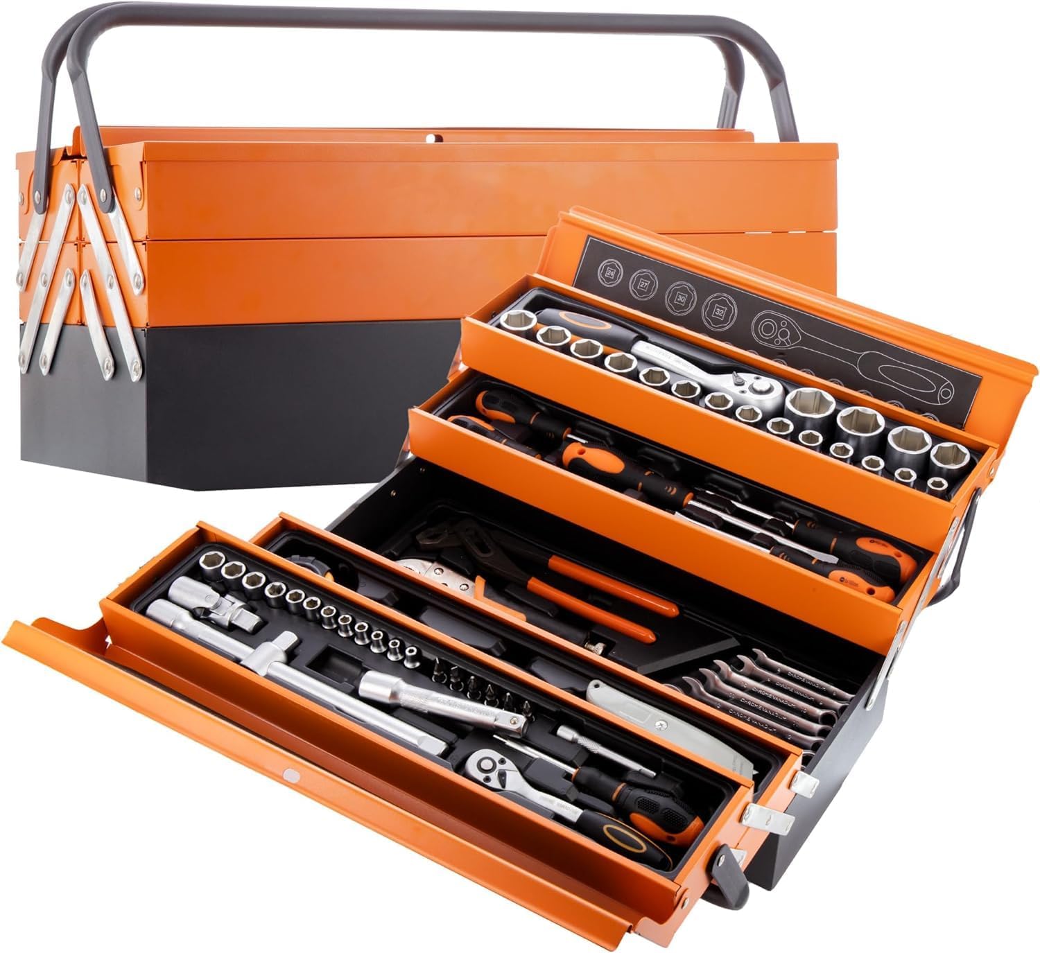 Image of Cassetta Attrezzi Completa con 85 Pezzi in Metallo Cassetta Porta Utensili Organizer per Attrezzi Resistente Pieghevole con Occhiello per Lucchetto per Fai da Te Meccanico Elettricista