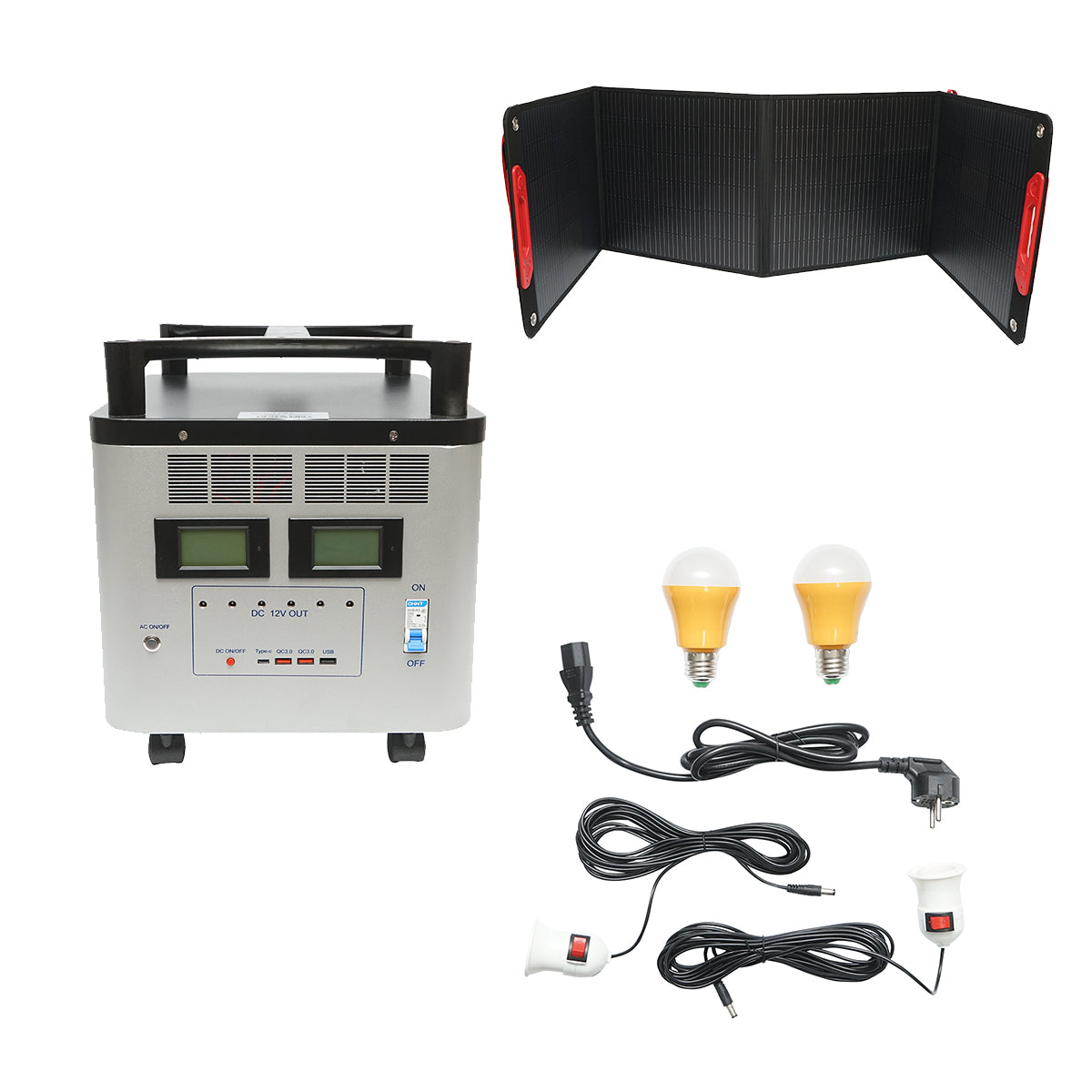 Image of Stazione portatile da 2000 W con batteria LifePO4 da 2016 Wh, 2 lampadine LED da 3 W e pannello solare da 200 W