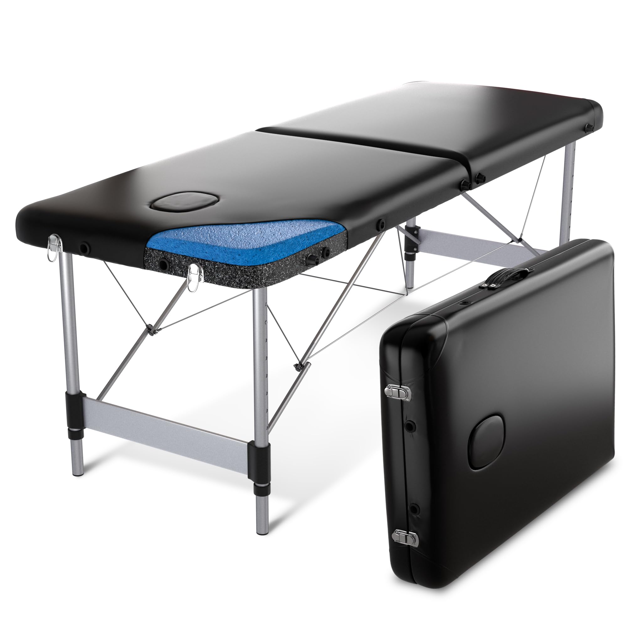 FENIXSHOP24 LETTINO MASSAGGIO PROFESSIONALE 2 ZONE - LETTINO MASSAGGI,LETTINO ESTETISTA FISIOTERAPIA,TATTOO, IN ALLUMINIO PORTATILE RICHIUDIBILE COD-09 (NERO)