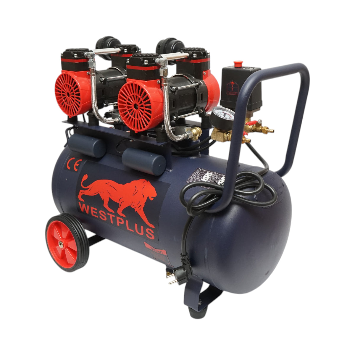 Compressore d'aria silenzioso oil-free da 50 l, 2 motori a 4 cilindri da 1,5 kW/2 CV, pressione massima 8 bar, volume d'aria aspirata 170 l/min