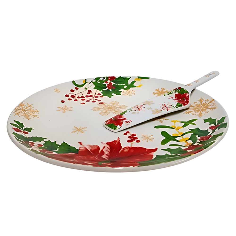 Piatto Natalizio per Dolci Panettone natale Torte con Paletta D 30 in Ceramica Stella di Natale e Agrifoglio idea regalo