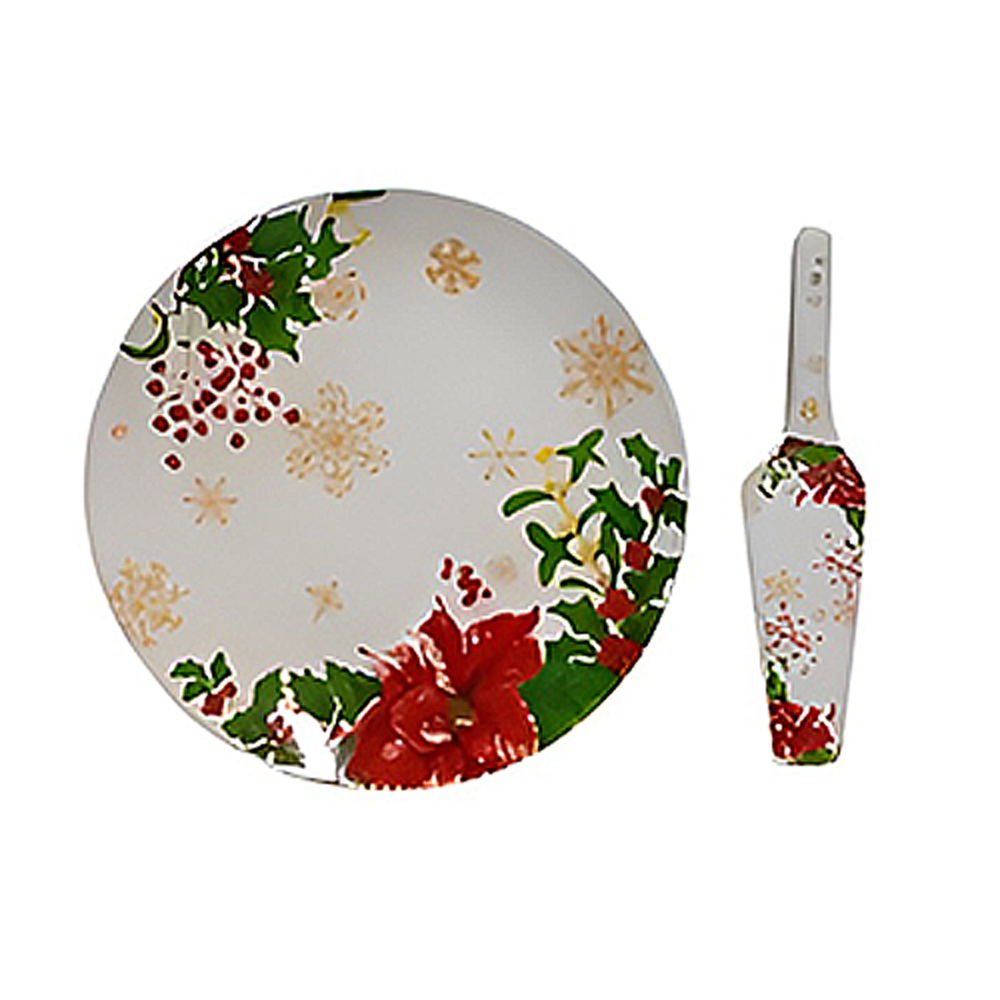 Piatto Natalizio per Dolci Panettone natale Torte con Paletta D 30 in Ceramica Stella di Natale e Agrifoglio idea regalo