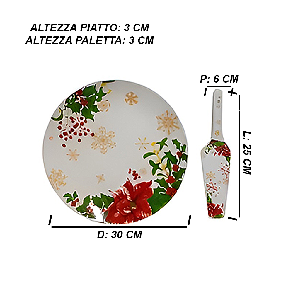 Piatto Natalizio per Dolci Panettone natale Torte con Paletta D 30 in Ceramica Stella di Natale e Agrifoglio idea regalo