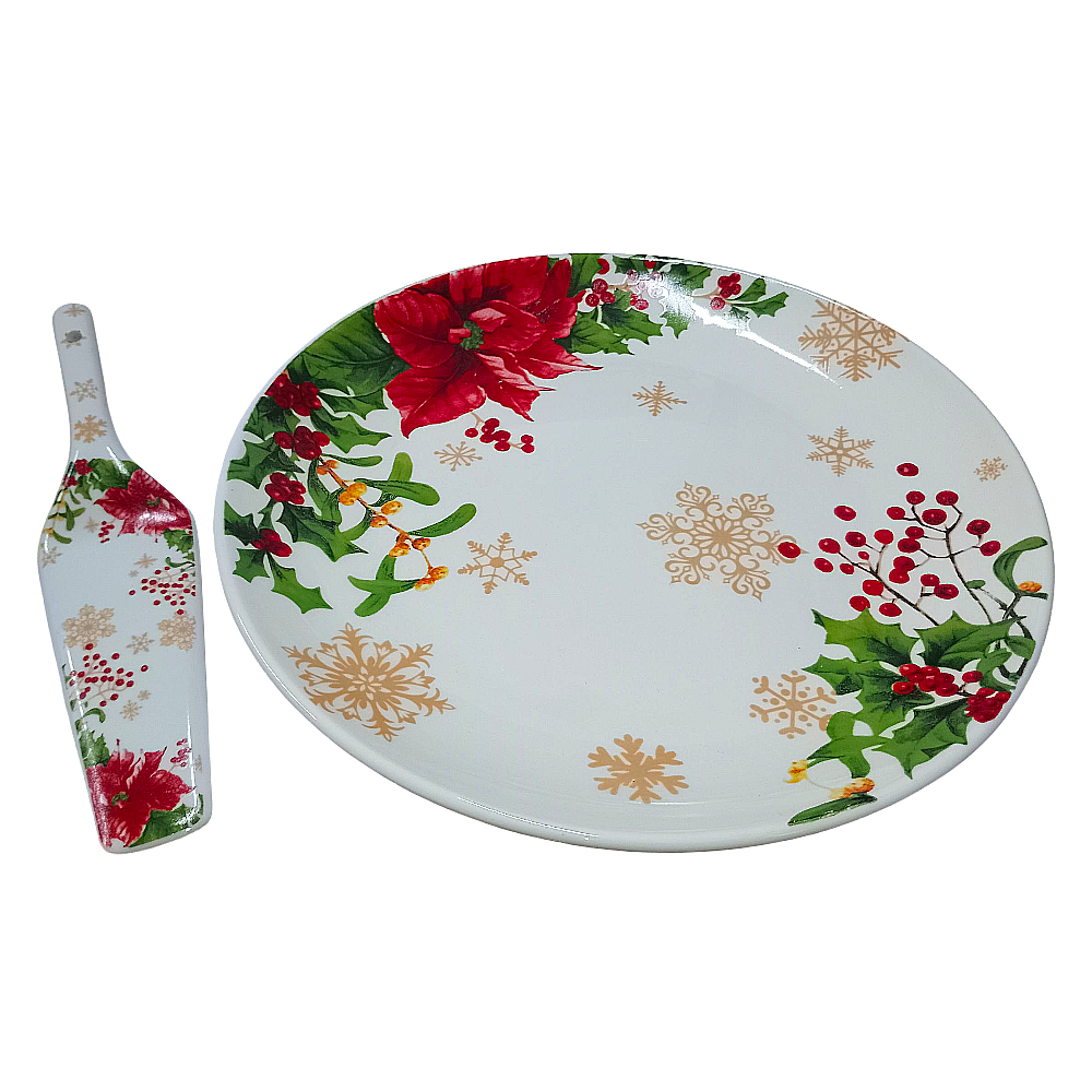 Piatto Natalizio per Dolci Panettone natale Torte con Paletta D 30 in Ceramica Stella di Natale e Agrifoglio idea regalo