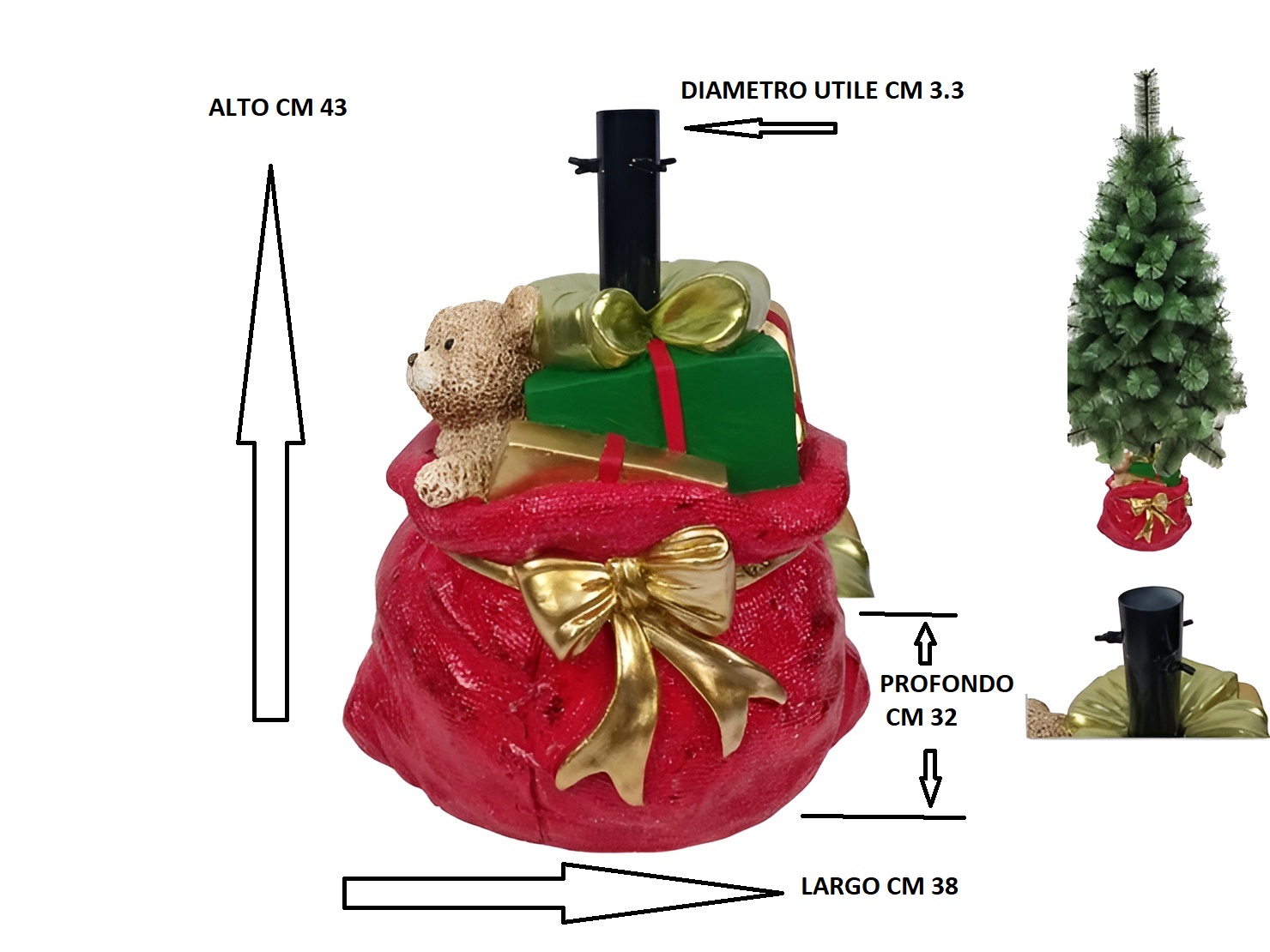 Base Per Albero Di Natale A Forma Di Sacco Rosso Con Regali – Per Alberi 120-180 Cm, Diametro Interno 3,5 Cm, Decorativa E Stabile