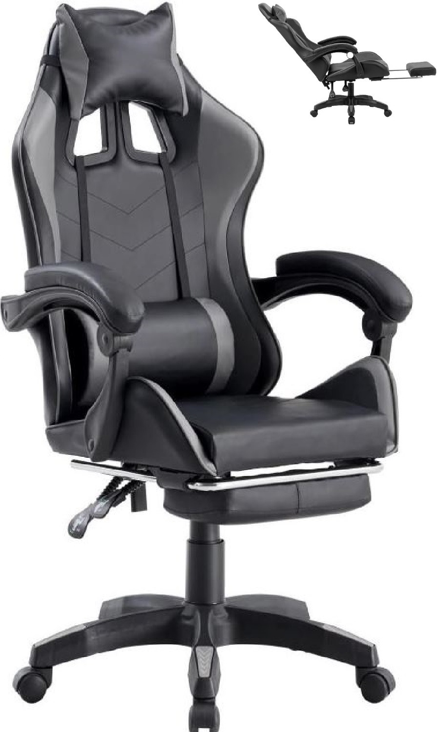 Sedia Poltrona Gaming Ergonomica Reclinabile con Poggiapiedi Poggiatesta e Supporto Lombare Ruote Girevoli Nero/Grigio HLD-920