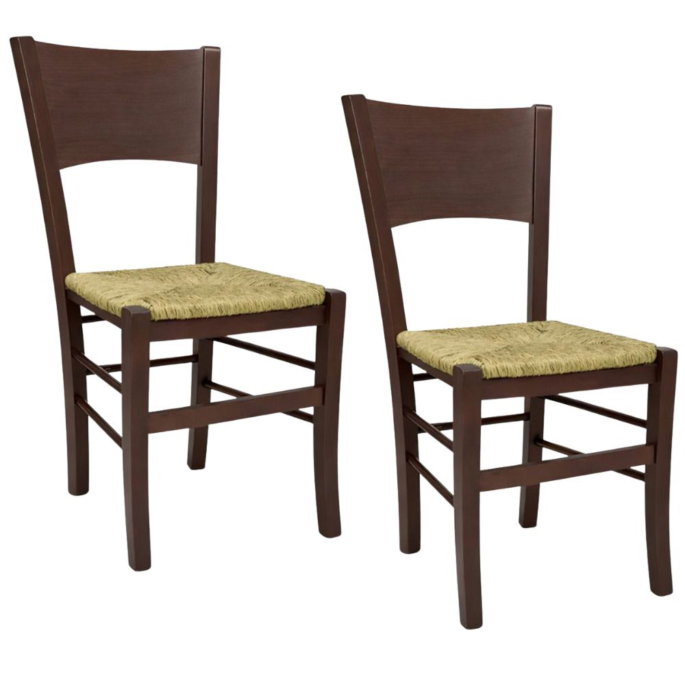 Sedie sala da pranzo Lucy set da 2 in legno noce scuro con seduta in paglia