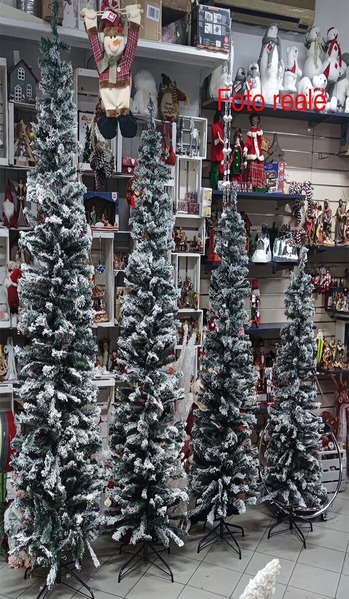 Albero di natale slim bianco innevato folto alto e stretto cm240 decorazioni addobbi artificiale natalizi ambiente casa