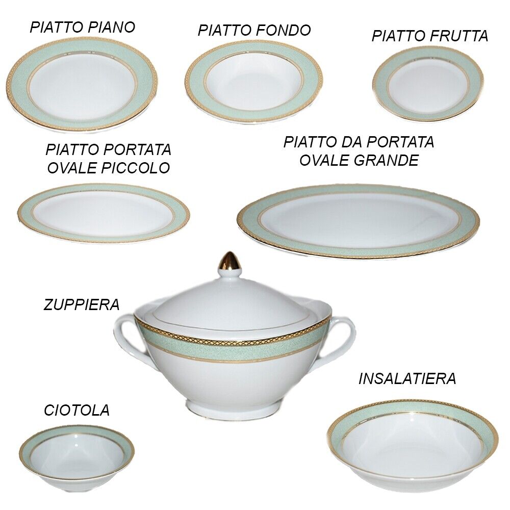 Servizio completo di piatti in porcellana bianca filo verde oro tazze tè e caffè