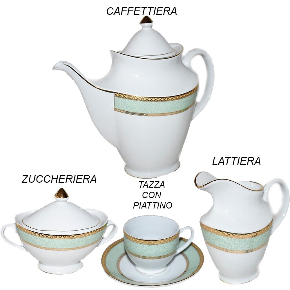 Servizio completo di piatti in porcellana bianca filo verde oro tazze tè e caffè