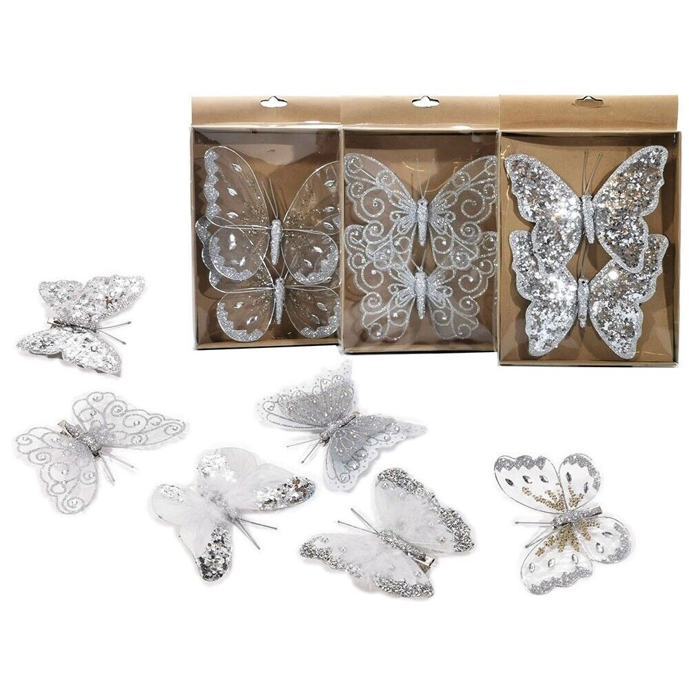 Farfalla argento addobbi decorazioni per albero di natale 6pz ornamenti casa neg