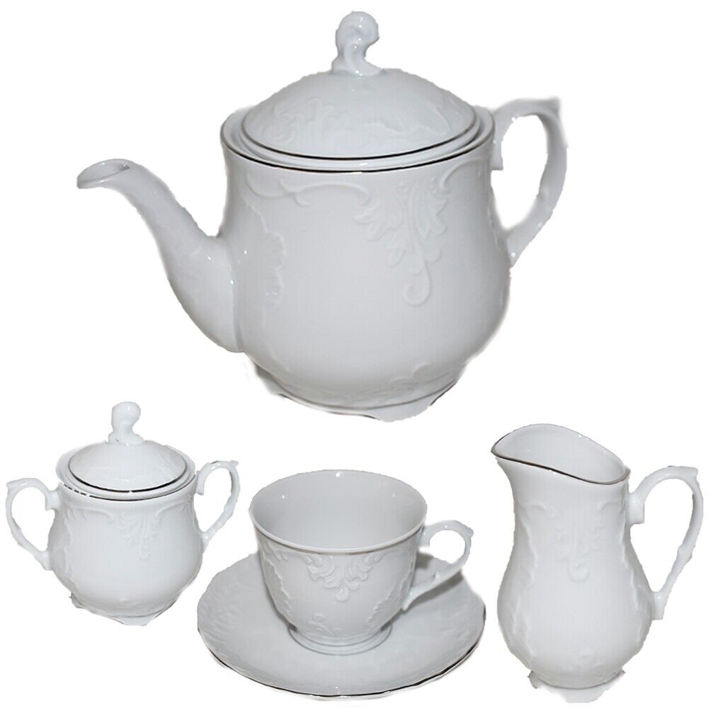 Servizio di piatti in porcellana bianca filo argento tazze tè tazzine caffè caffettiera teiera lattiera zuccheriera zuppiera