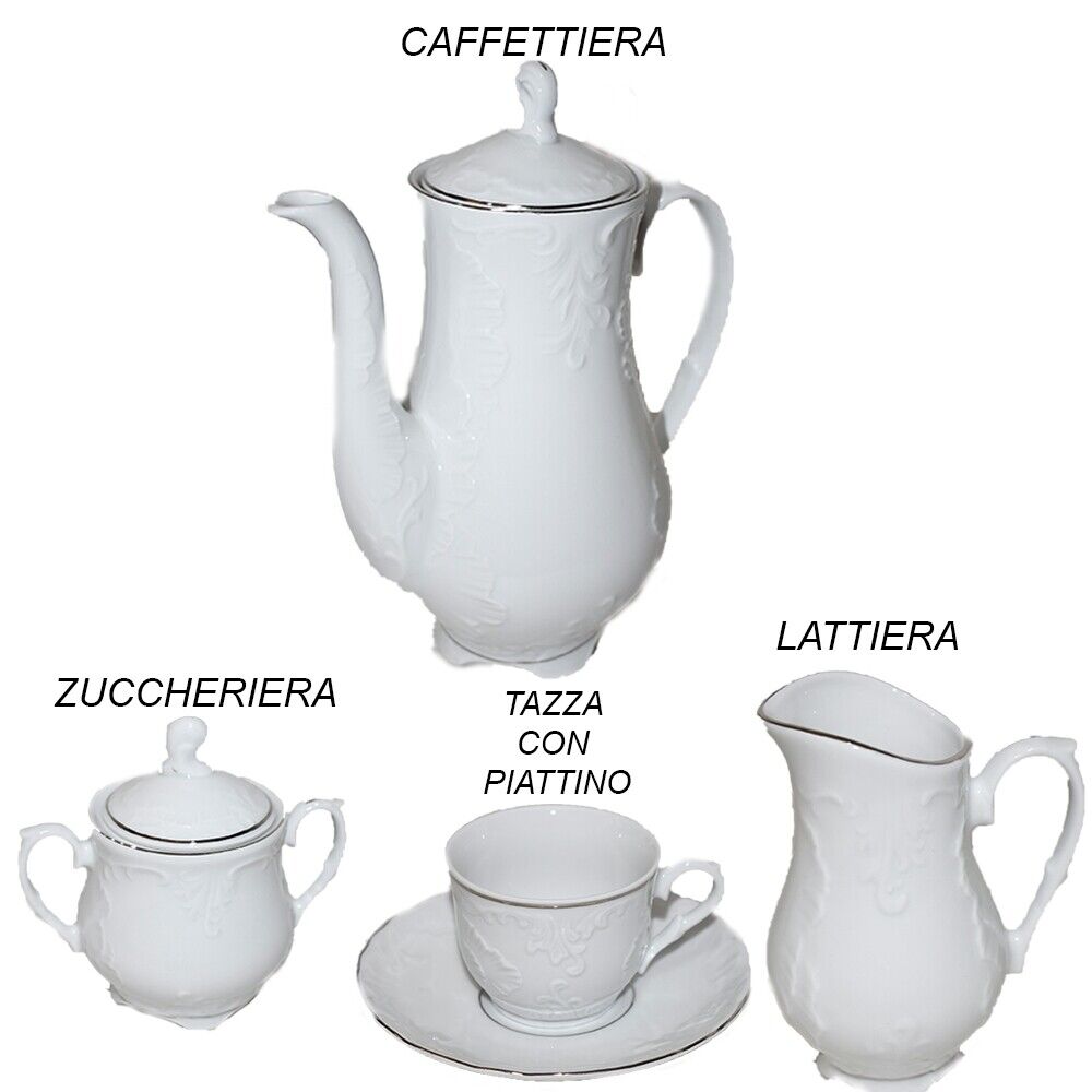 Servizio di piatti in porcellana bianca filo argento tazze tè tazzine caffè caffettiera teiera lattiera zuccheriera zuppiera