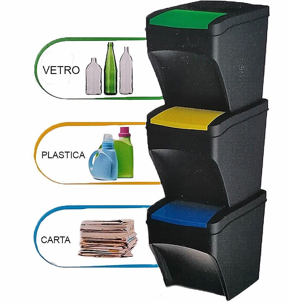 Pattumiera contenitori Raccolta Differenziata impilabili set 3 25 litri per casa