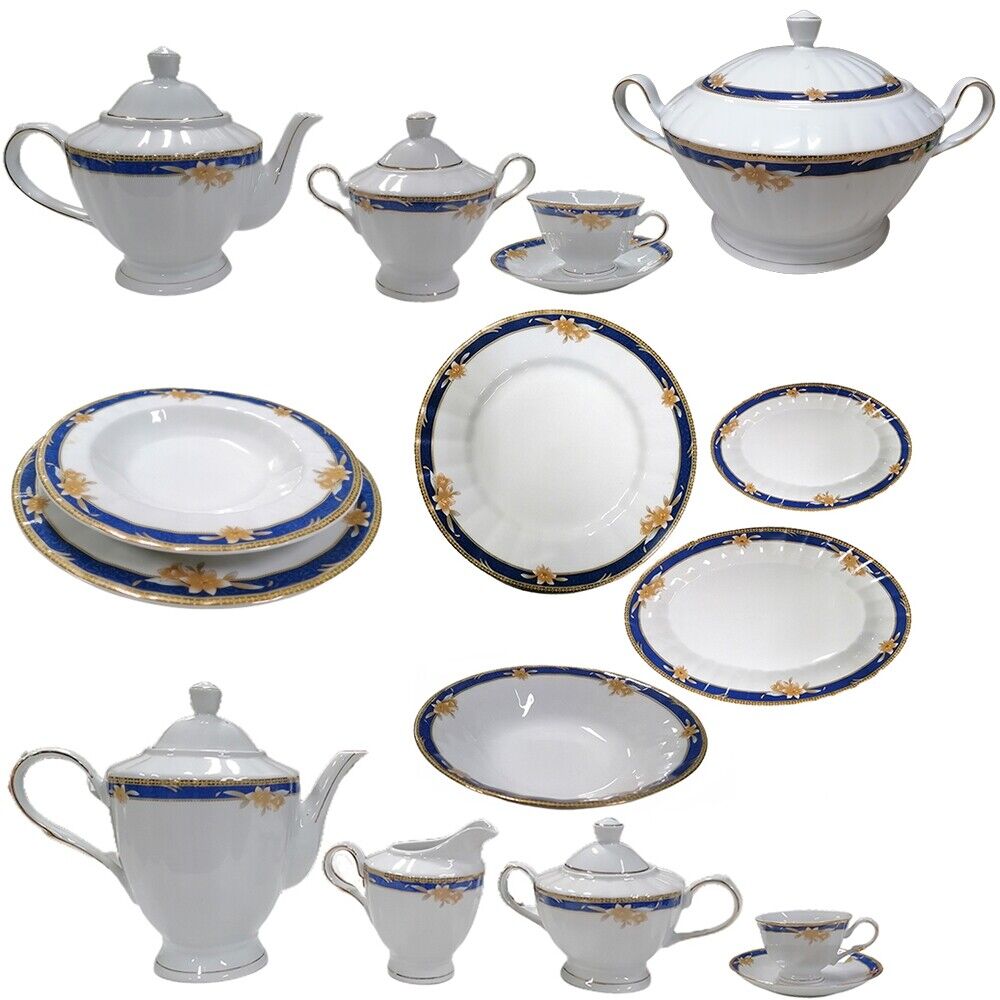 Servizio di piatti porcellana fiore filo oro blu tazze t&egrave; tazzine caff&egrave; teiera l